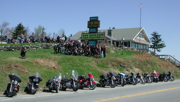 Motorcycle gang in front of restaurant