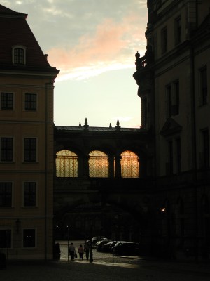 Sun shining through windows in elevated walkway