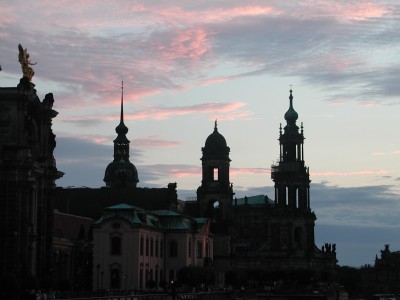 Riverfront palaces in sunset